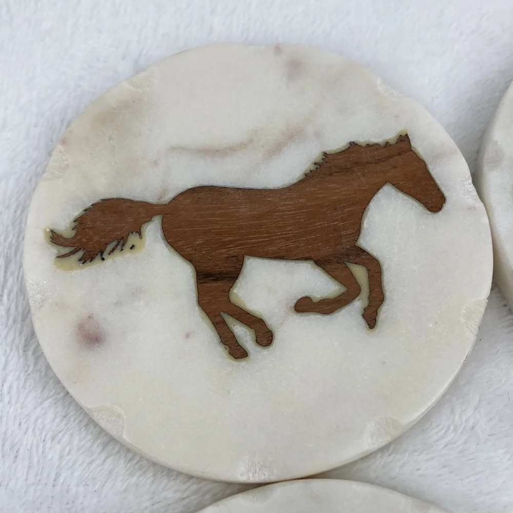 Boot Barn Ranch Wood Horse Inlay Marble Coaster Set of 4